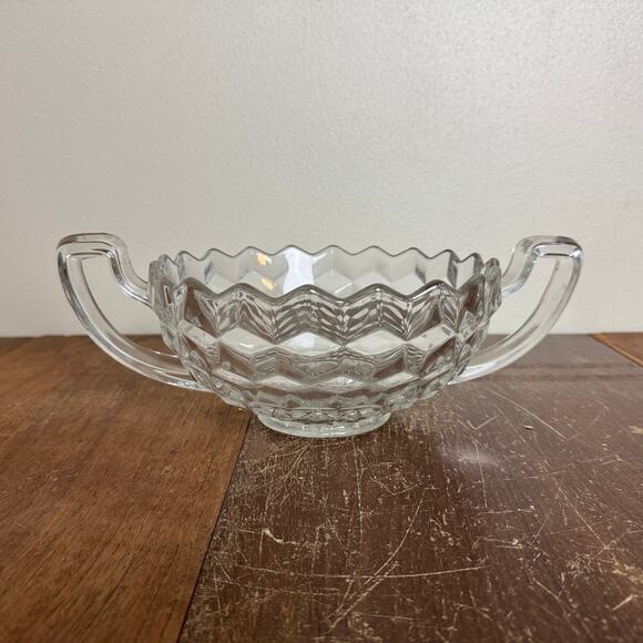 Vintage Clear Glass Fostoria American Cubist Crystal Handled Trophy Bowl - Picture 4 of 9